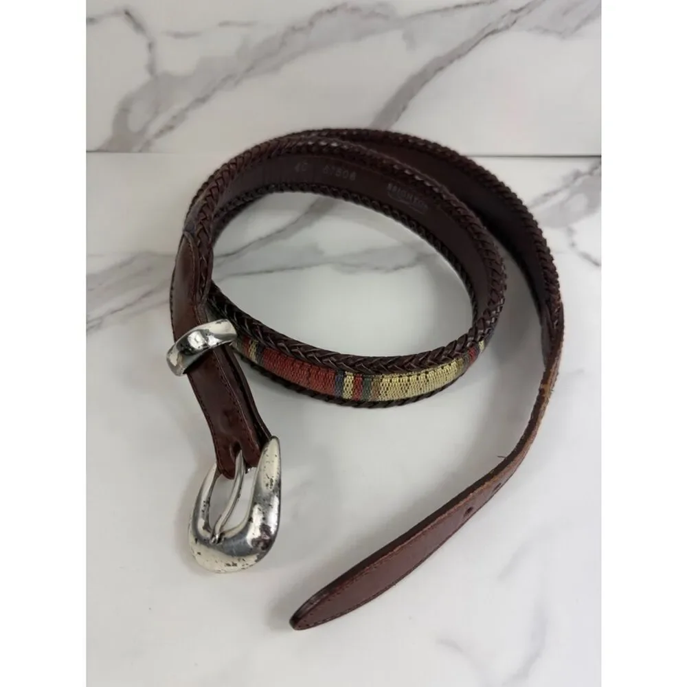 Brighton Brown Leather Woven Belt Size L Multicolor Inlay Silver Tone Buckle